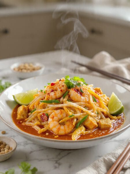 Authentic Pad Thai recipe with shrimp, rice noodles, bean sprouts, peanuts, fresh cilantro, and lime wedges on a white plate.