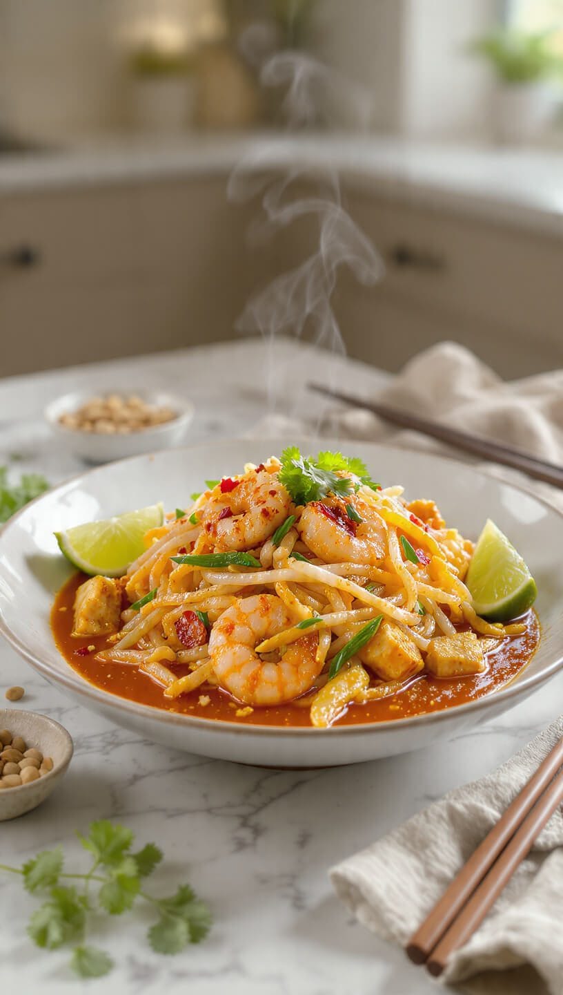 Authentic Pad Thai recipe with shrimp, rice noodles, bean sprouts, peanuts, fresh cilantro, and lime wedges on a white plate.