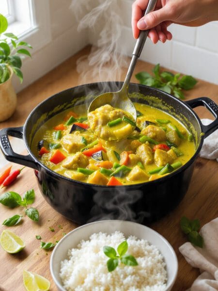 Authentic Thai Green Curry with chicken, vegetables, and jasmine rice served fresh from the pot.