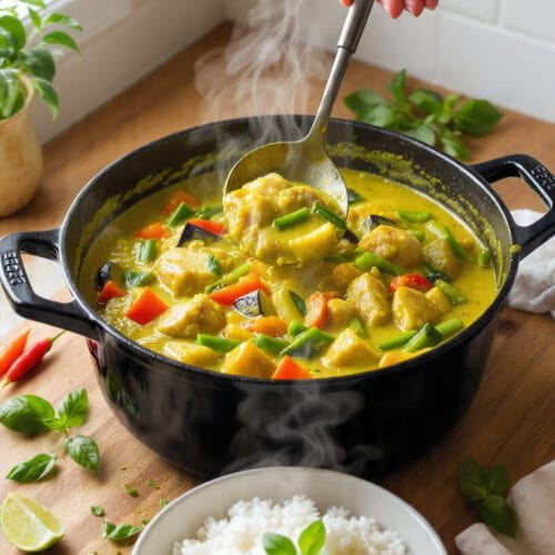 Authentic Thai Green Curry with chicken, vegetables, and jasmine rice served fresh from the pot.