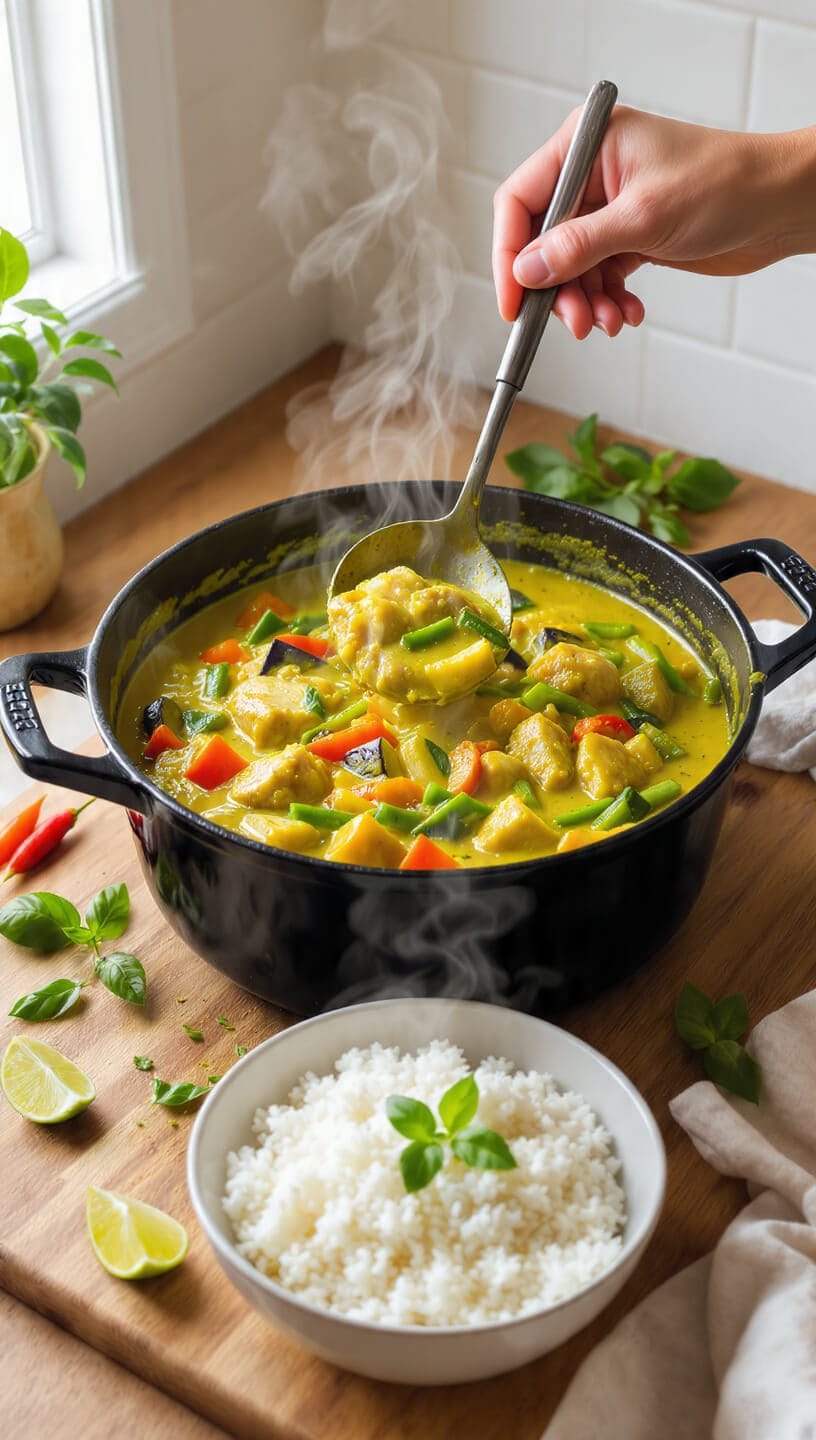 Authentic Thai Green Curry with chicken, vegetables, and jasmine rice served fresh from the pot.