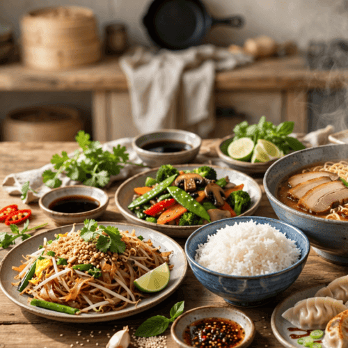 Assorted Asian dishes on a wooden table, including noodles, rice, dumplings, sushi, curry, and ramen