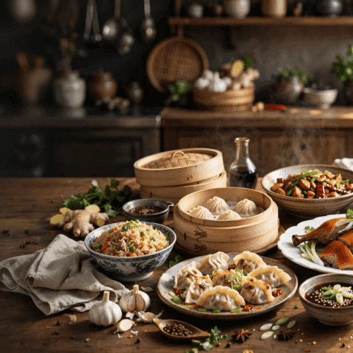 A spread of Chinese dishes on a wooden table, including dumplings, roast duck, noodles, rice, and stir-fried vegetables