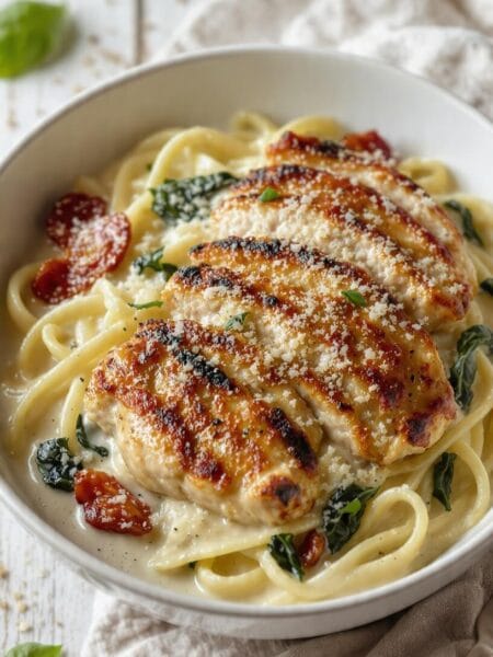 Grilled chicken over creamy fettuccine with spinach, cherry tomatoes, and Parmesan