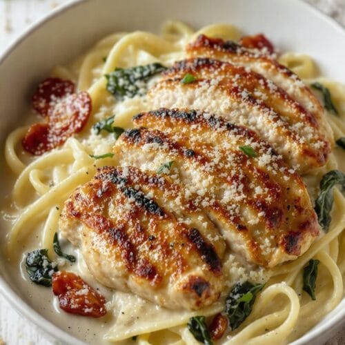 Grilled chicken over creamy fettuccine with spinach, cherry tomatoes, and Parmesan