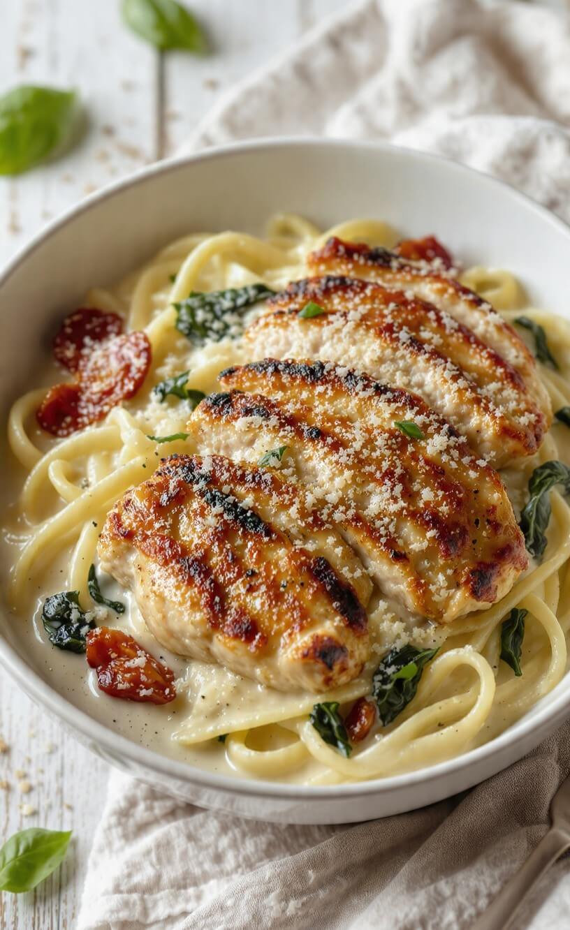 Grilled chicken over creamy fettuccine with spinach, cherry tomatoes, and Parmesan