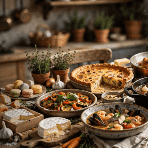 A lavish table spread with quiche, roast chicken, seafood stew, salad, bread, cheese, and macarons in a rustic kitchen