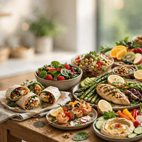 A table filled with healthy dishes, including salmon, salads, wraps, avocado toast, fruit, and hummus