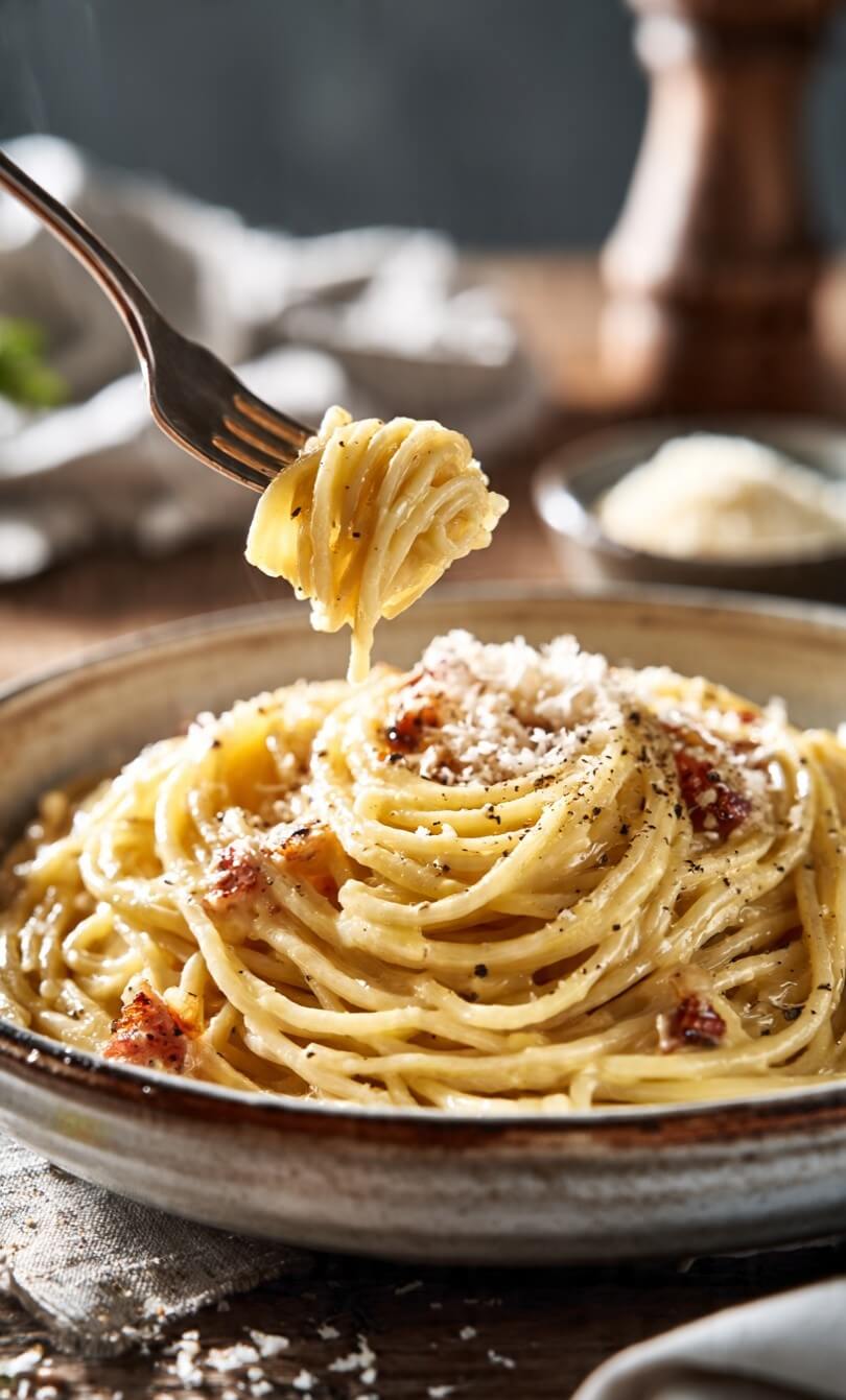 Classic spaghetti carbonara with pancetta, black pepper, and grated cheese served in a ceramic bowl