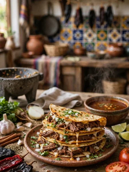Stack of beef tacos with melted cheese, onions, and cilantro on a rustic table with salsa and limes