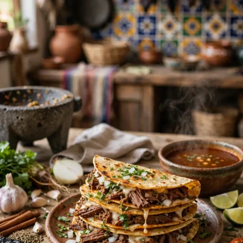 Stack of beef tacos with melted cheese, onions, and cilantro on a rustic table with salsa and limes