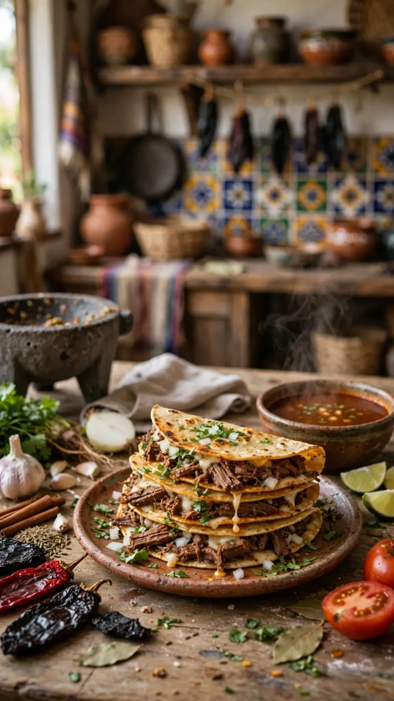 Stack of beef tacos with melted cheese, onions, and cilantro on a rustic table with salsa and limes