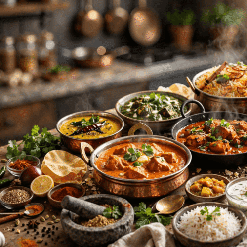 A table filled with Indian dishes, including curries, rice, naan, grilled chicken, and chutneys