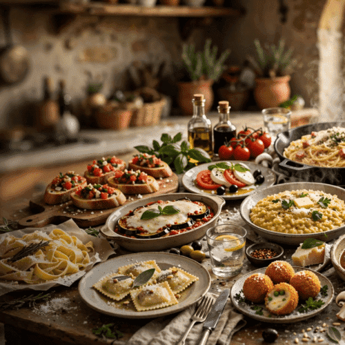 An abundant Italian feast with pasta, pizza, antipasti, and desserts on a rustic table overlooking the countryside