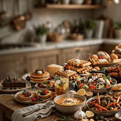 A table filled with assorted dishes, including pizza, burgers, waffles, tacos, sushi, salad, and desserts
