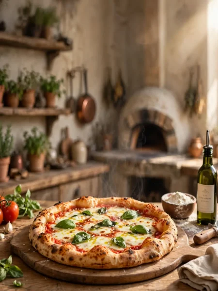 Wood-fired margherita pizza on a wooden board with basil, olive oil, and kitchen herbs in a rustic kitchen