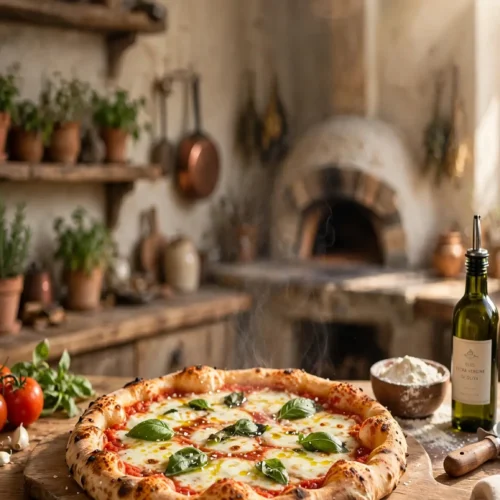 Wood-fired margherita pizza on a wooden board with basil, olive oil, and kitchen herbs in a rustic kitchen