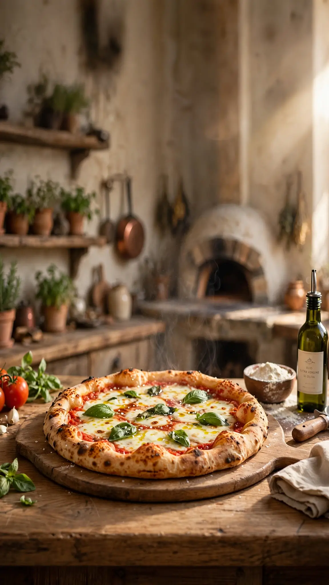 Wood-fired margherita pizza on a wooden board with basil, olive oil, and kitchen herbs in a rustic kitchen