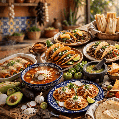 A large spread of Mexican dishes, including tacos, enchiladas, tamales, salsas, and rice, on a rustic table