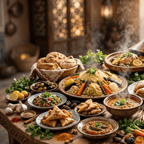 A table filled with steaming Moroccan dishes, bread, fruit, and a silver teapot in a warm kitchen setting
