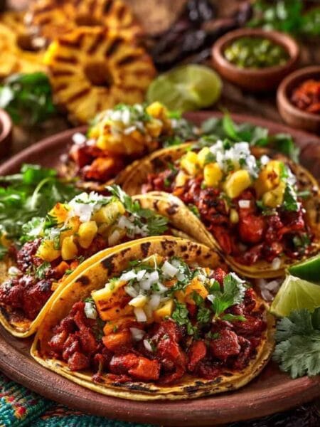 Authentic Tacos al Pastor served on warm corn tortillas with juicy marinated pork, grilled pineapple, diced white onion, fresh cilantro, and lime wedges on a rustic wooden table.