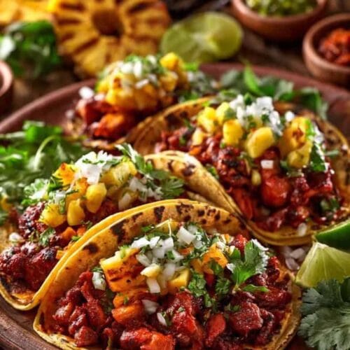 Authentic Tacos al Pastor served on warm corn tortillas with juicy marinated pork, grilled pineapple, diced white onion, fresh cilantro, and lime wedges on a rustic wooden table.
