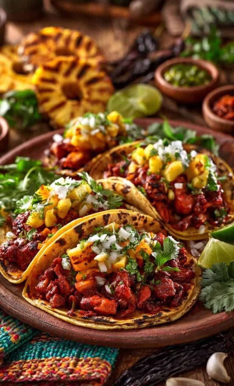 Authentic Tacos al Pastor served on warm corn tortillas with juicy marinated pork, grilled pineapple, diced white onion, fresh cilantro, and lime wedges on a rustic wooden table.