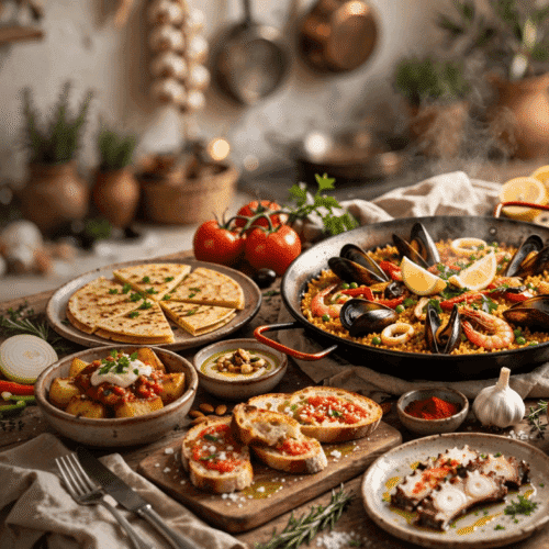 A festive table spread with paella, tapas, bread, olives, and wine in a warm kitchen setting