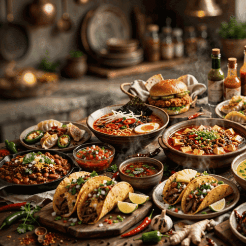 A table filled with assorted steaming dishes, tacos, noodles, curries, and fried chicken in a rustic kitchen setting