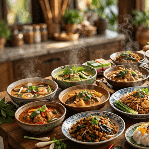 A table filled with assorted steaming Thai dishes, including curries, noodles, salads, and skewers
